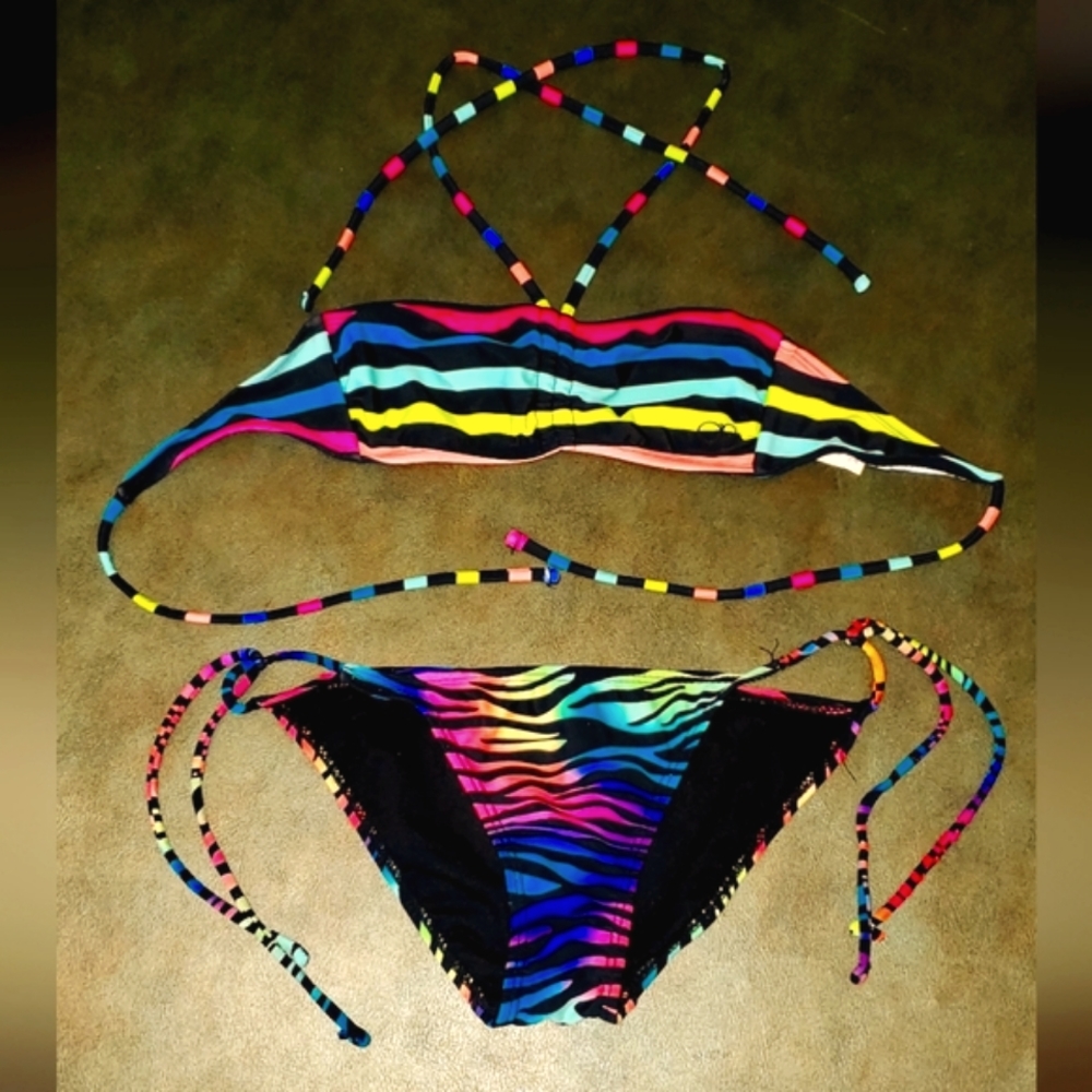 Ocean Pacific, Bikini Top & Bottom, Size (Small), Neon multi color strip print